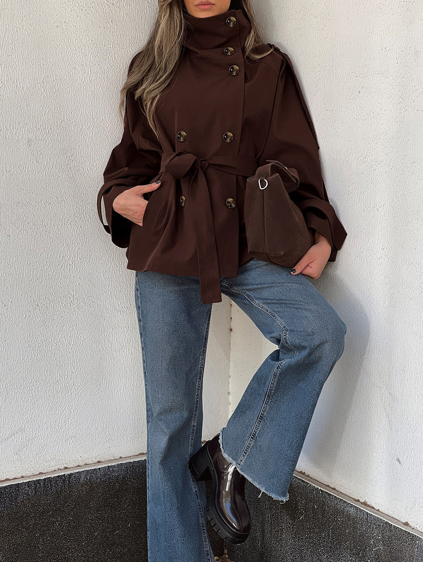 Lyra High-Neck Double-Breasted Short Trench Jacket
