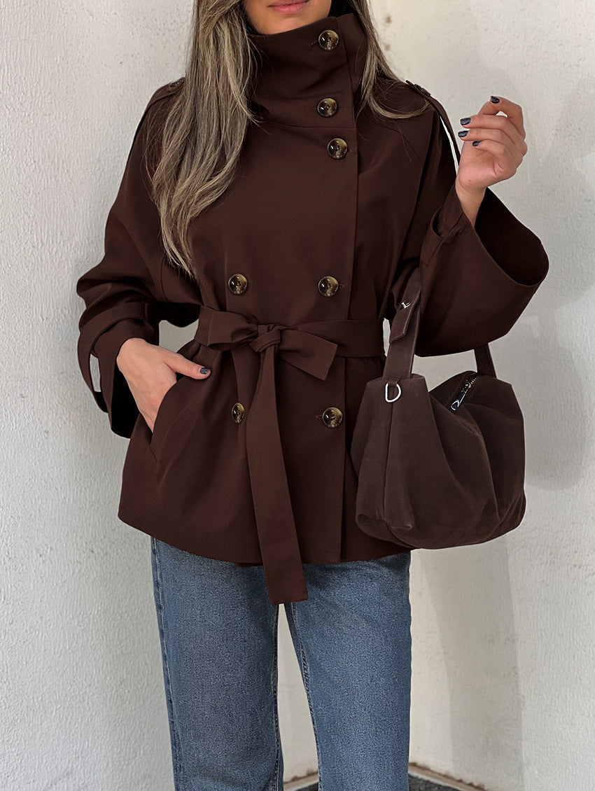 Lyra High-Neck Double-Breasted Short Trench Jacket