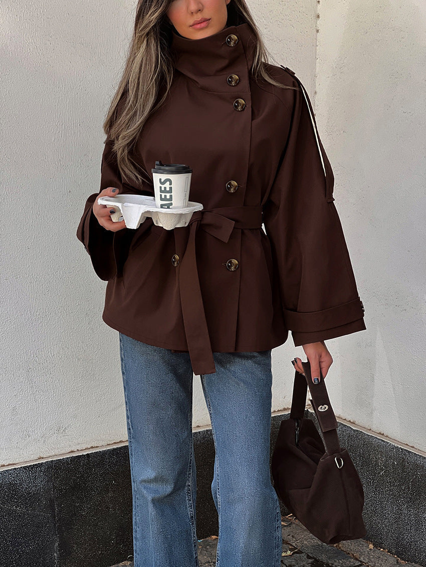 Lyra High-Neck Double-Breasted Short Trench Jacket