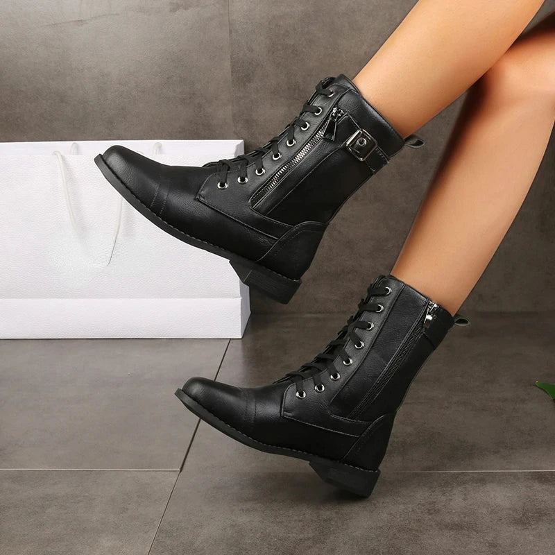 Lyra Lace-Up Buckled Combat Mid-Calf Boots