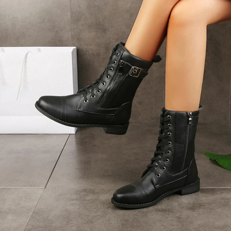 Lyra Lace-Up Buckled Combat Mid-Calf Boots