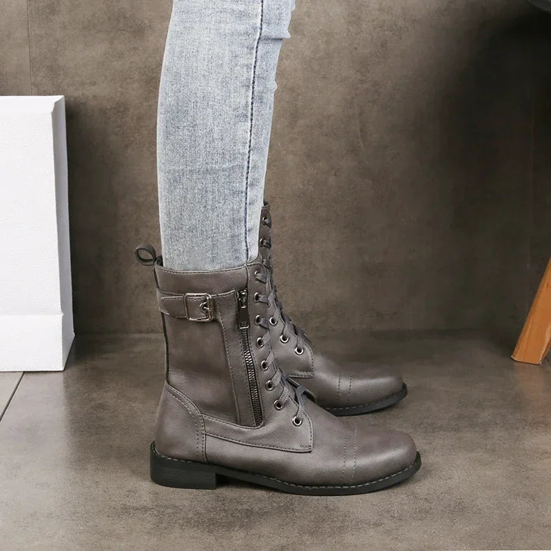 Lyra Lace-Up Buckled Combat Mid-Calf Boots