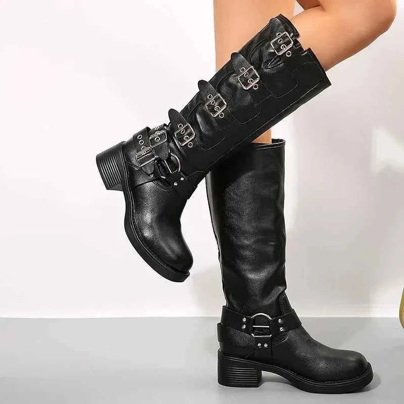 Lyra Multi-Buckle Harness Biker Knee-High Boots