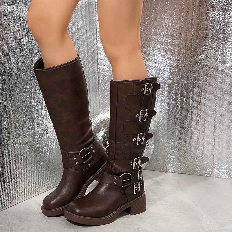 Lyra Multi-Buckle Harness Biker Knee-High Boots