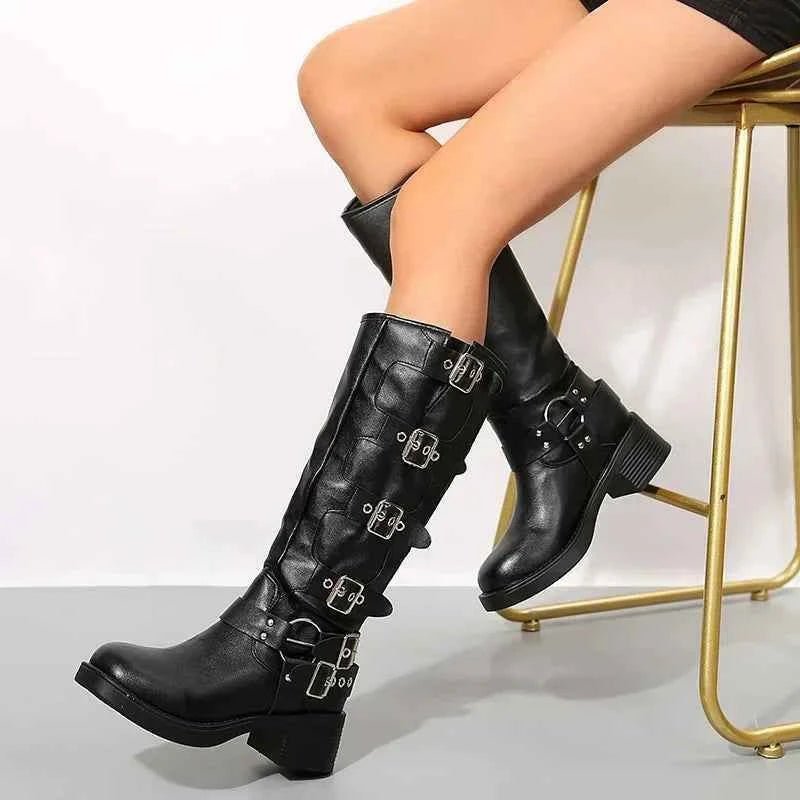 Lyra Multi-Buckle Harness Biker Knee-High Boots