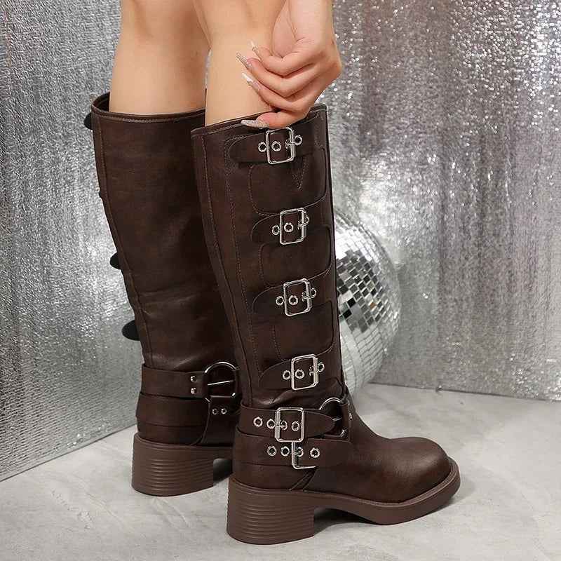 Lyra Multi-Buckle Harness Biker Knee-High Boots