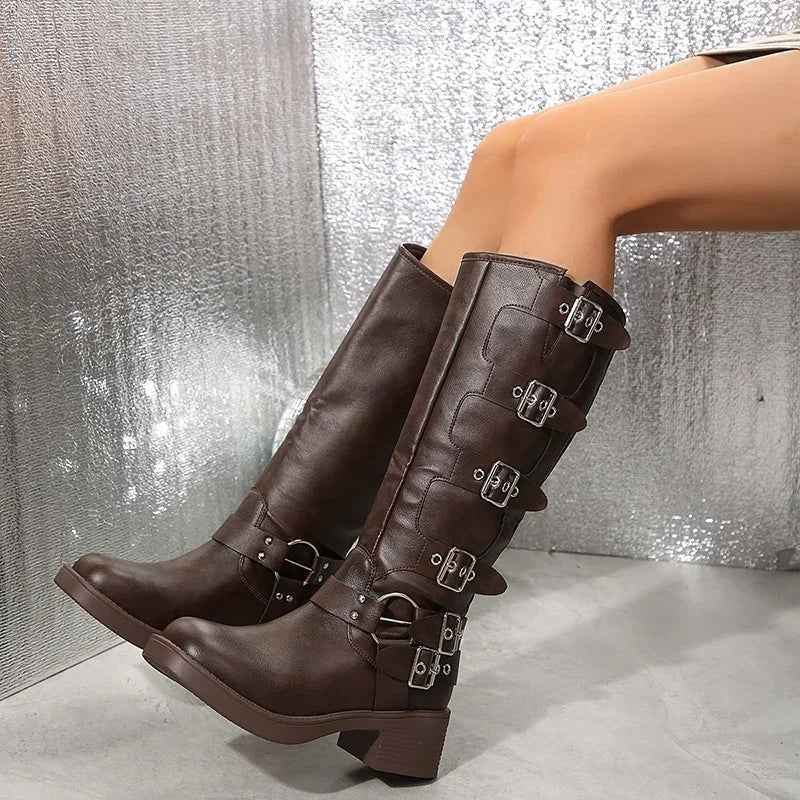 Lyra Multi-Buckle Harness Biker Knee-High Boots