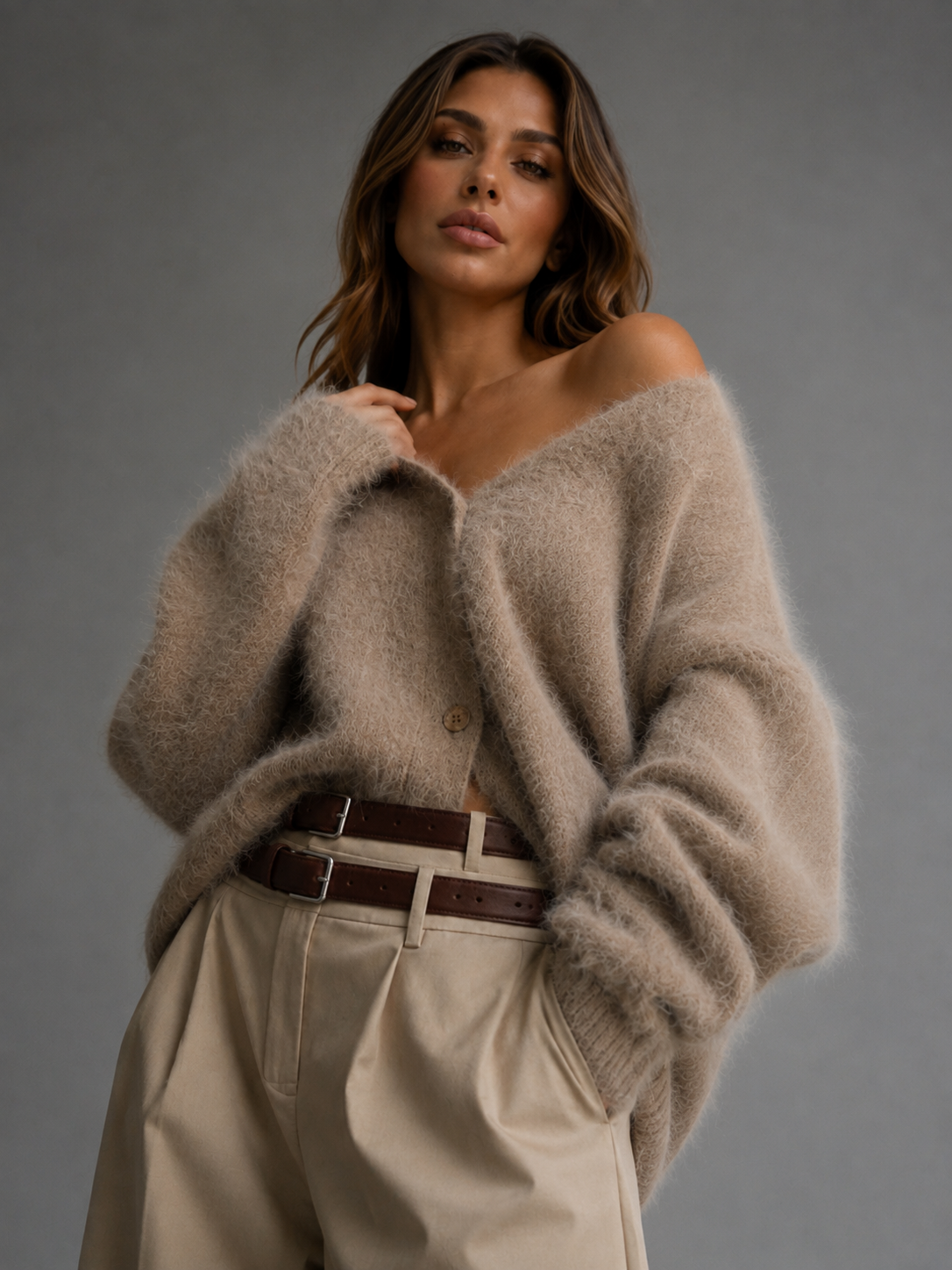Lyra Oversized Brushed V-Neck Knit Cardigan