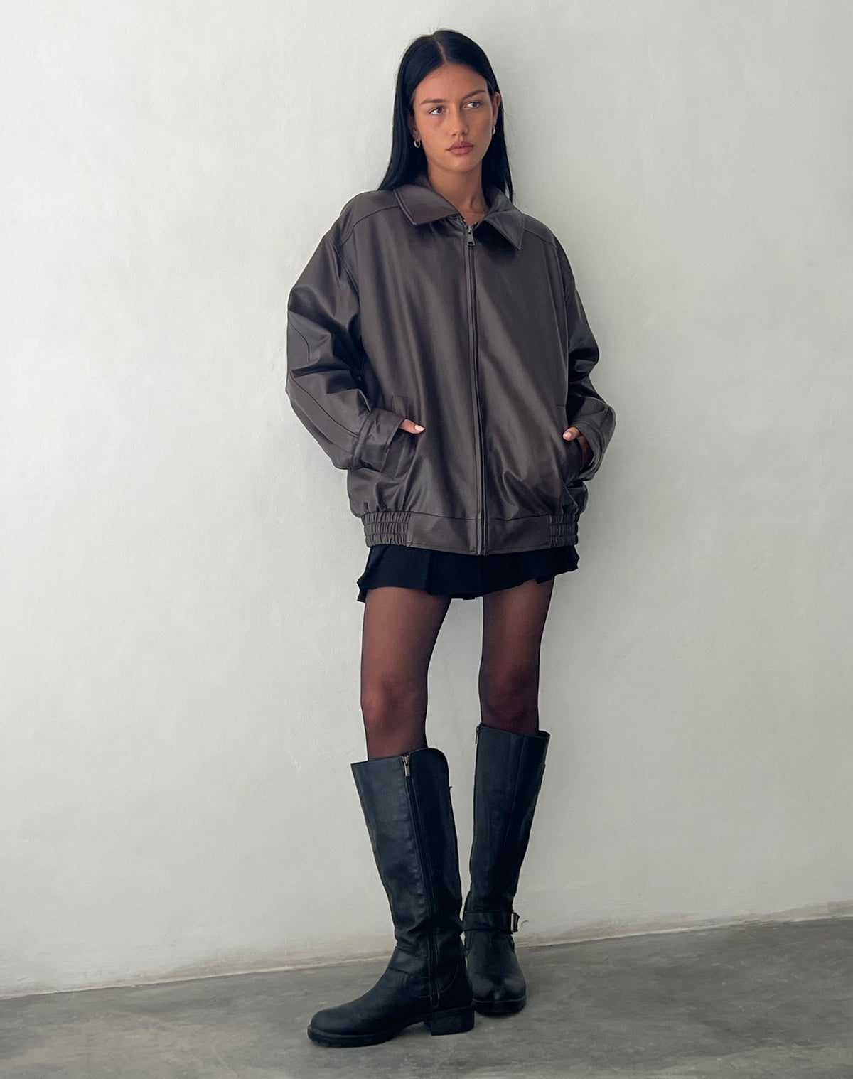 Lyra Oversized Faux-Leather Bomber Jacket