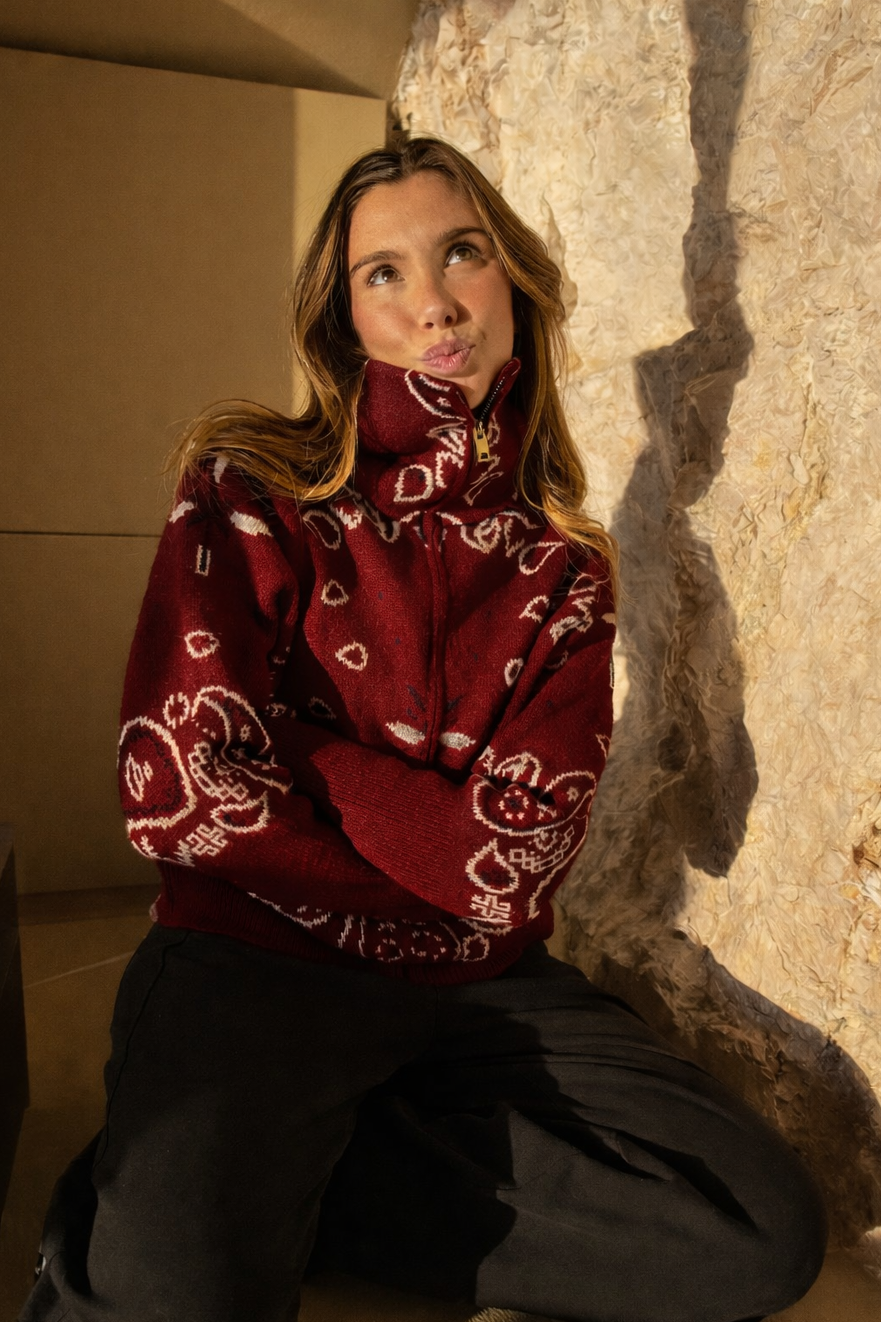 Lyra Paisley High-Neck Zip Knit Cardigan