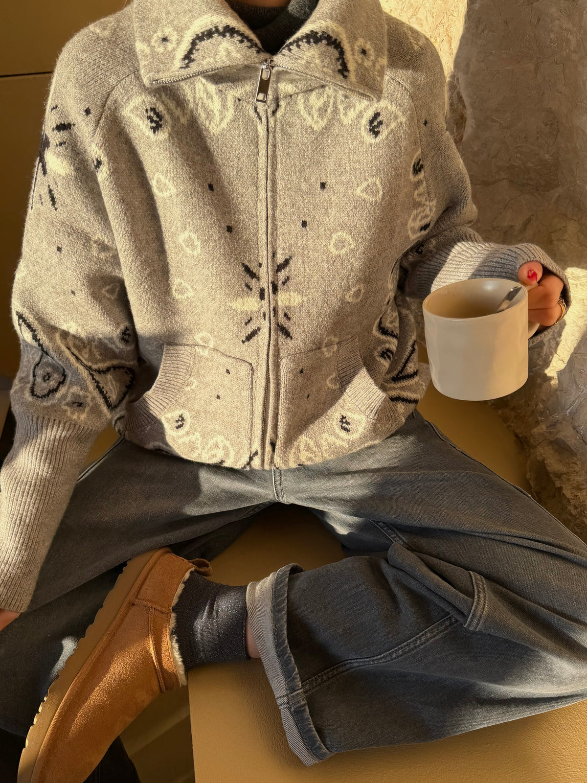 Lyra Paisley High-Neck Zip Knit Cardigan