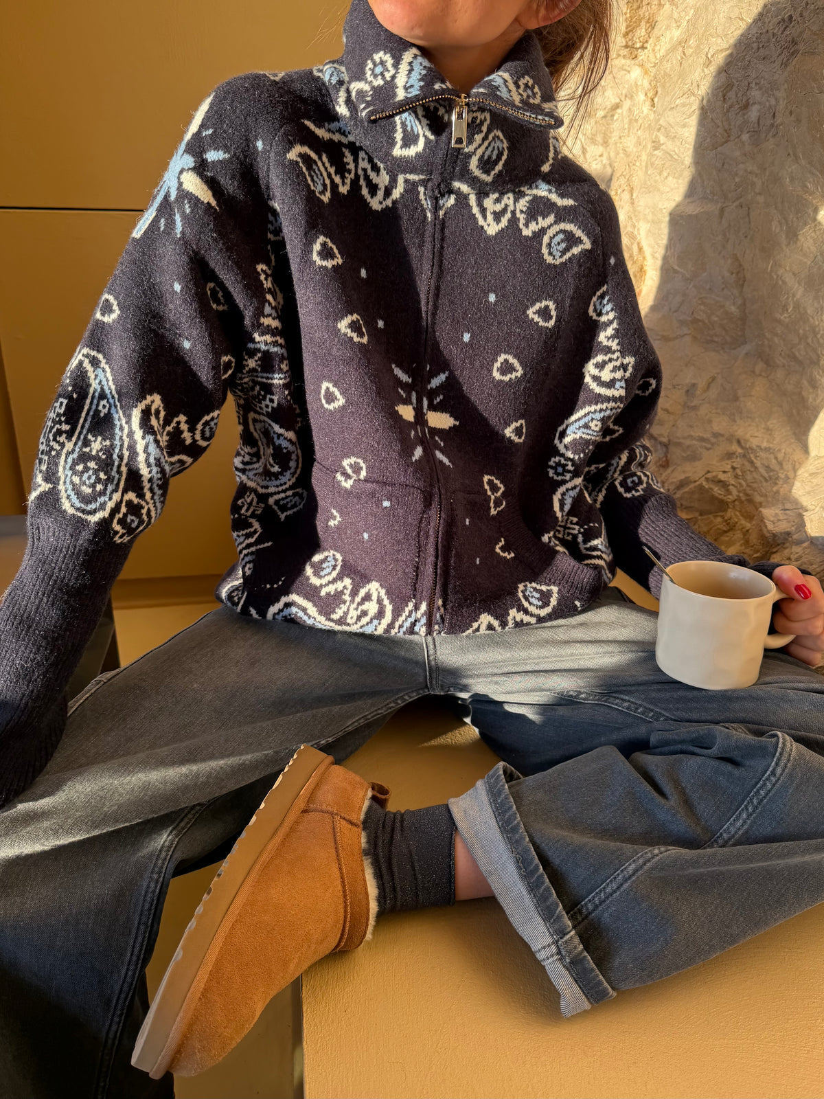 Lyra Paisley High-Neck Zip Knit Cardigan
