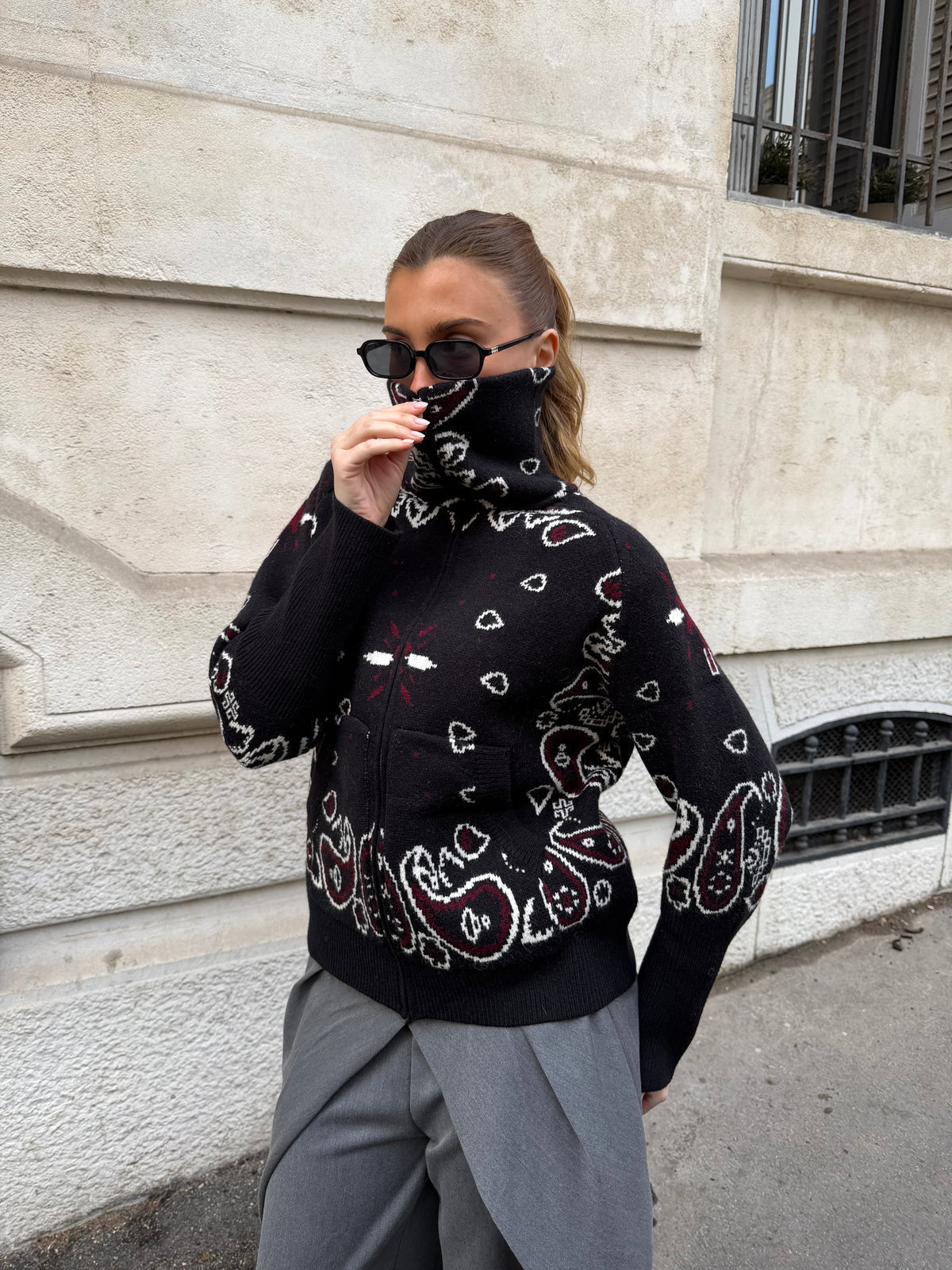 Lyra Paisley High-Neck Zip Knit Cardigan