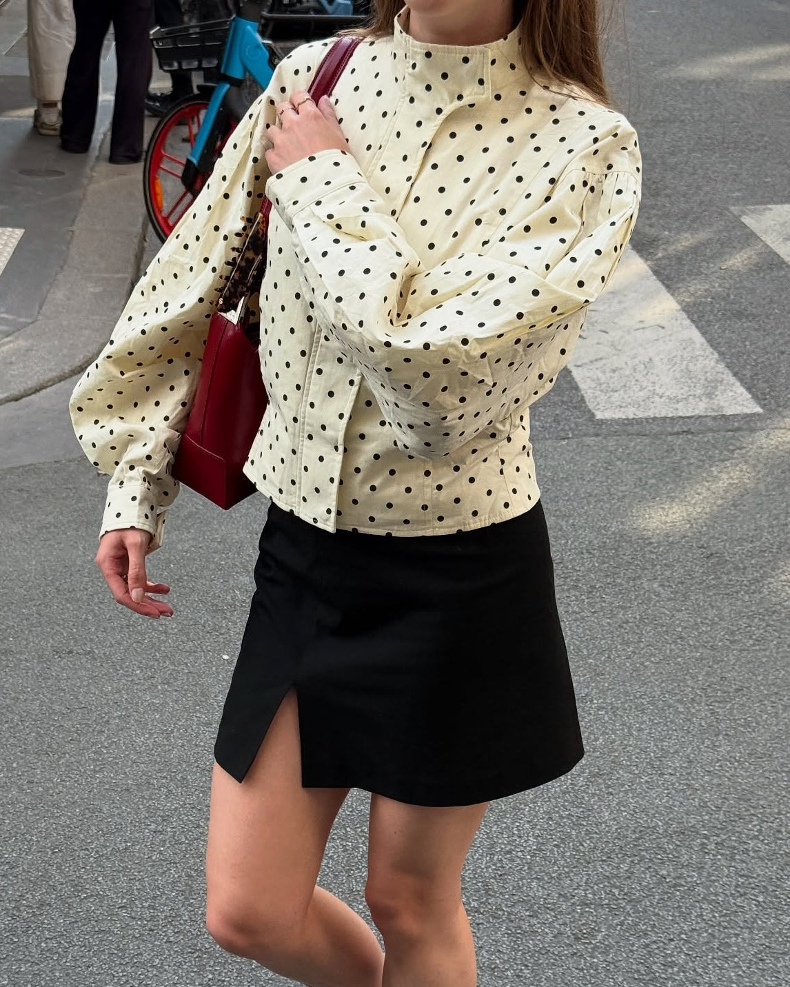 Lyra Polka-Dot High-Neck Puff-Sleeve Jacket