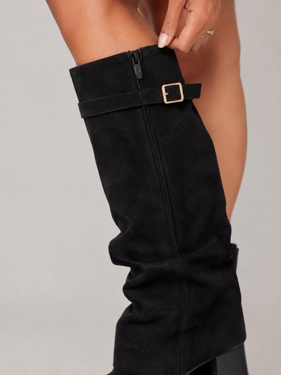 Lyra Slouchy Suede Buckle Knee-High Boots