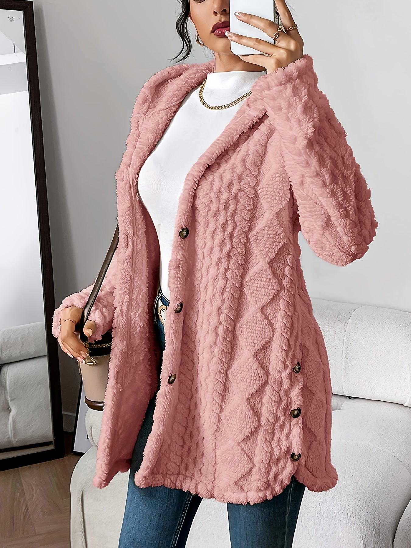 Lyra Textured Plush Hooded Button Cardigan