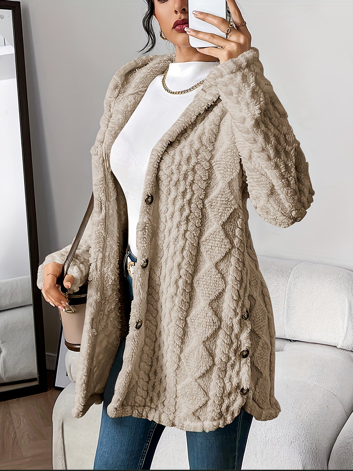 Lyra Textured Plush Hooded Button Cardigan