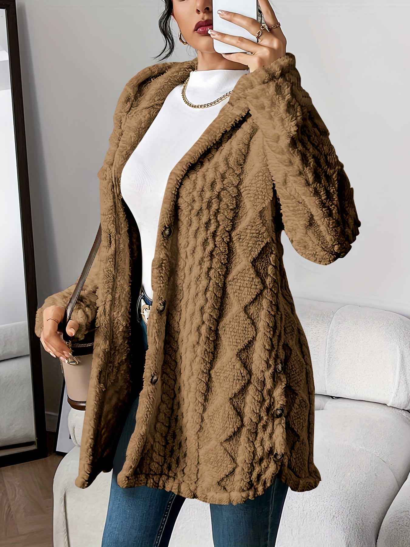 Lyra Textured Plush Hooded Button Cardigan