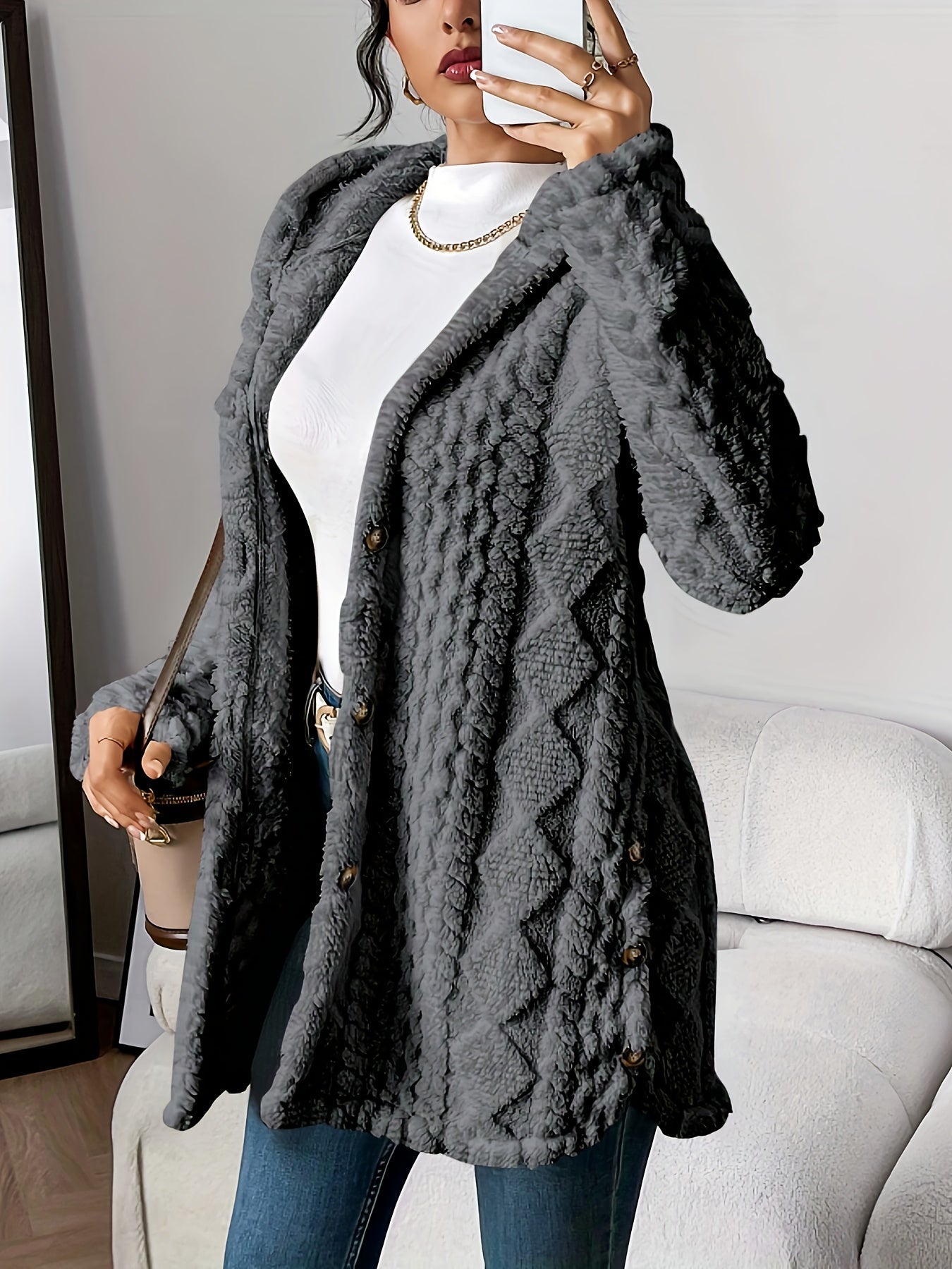 Lyra Textured Plush Hooded Button Cardigan
