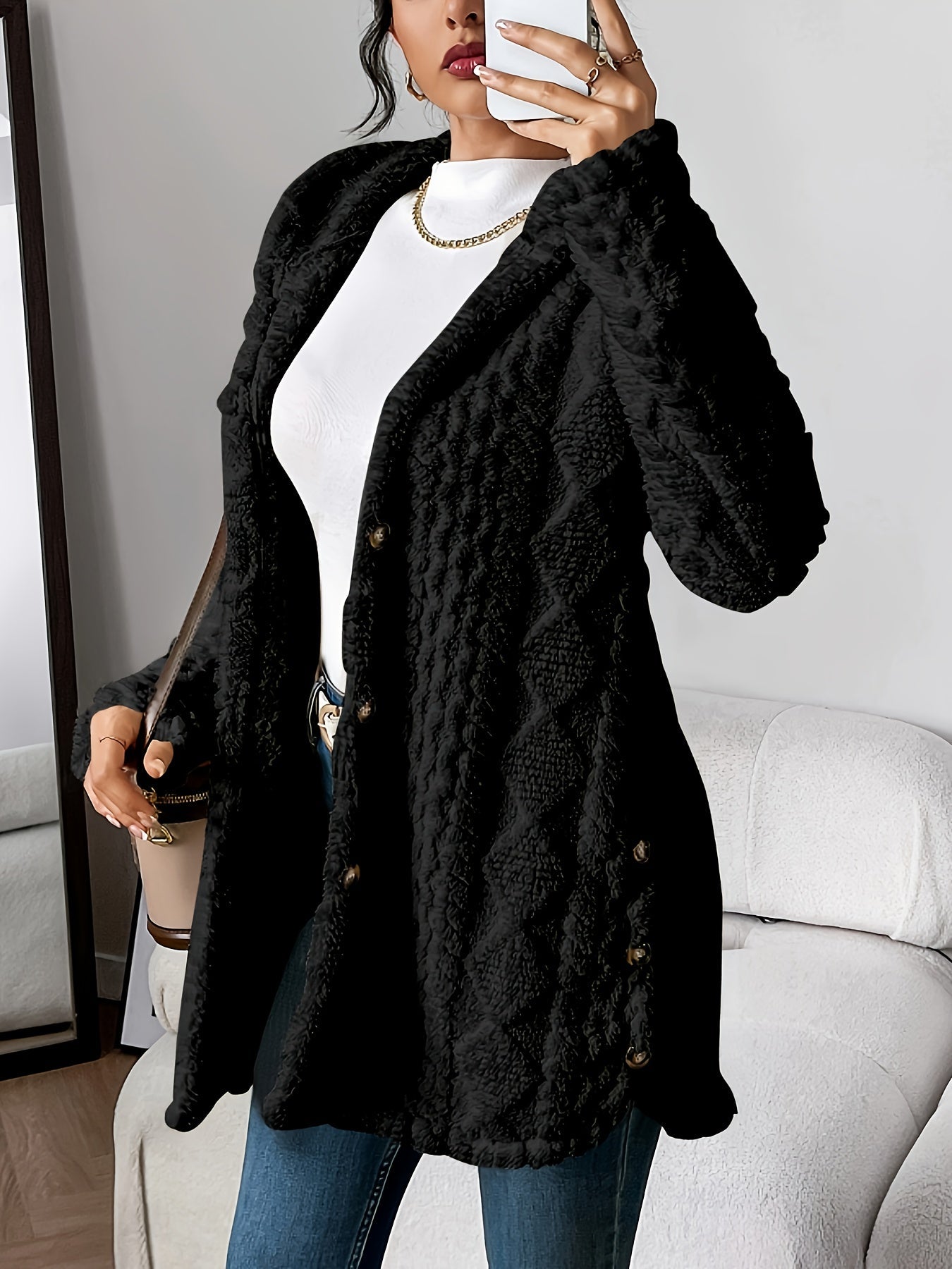 Lyra Textured Plush Hooded Button Cardigan