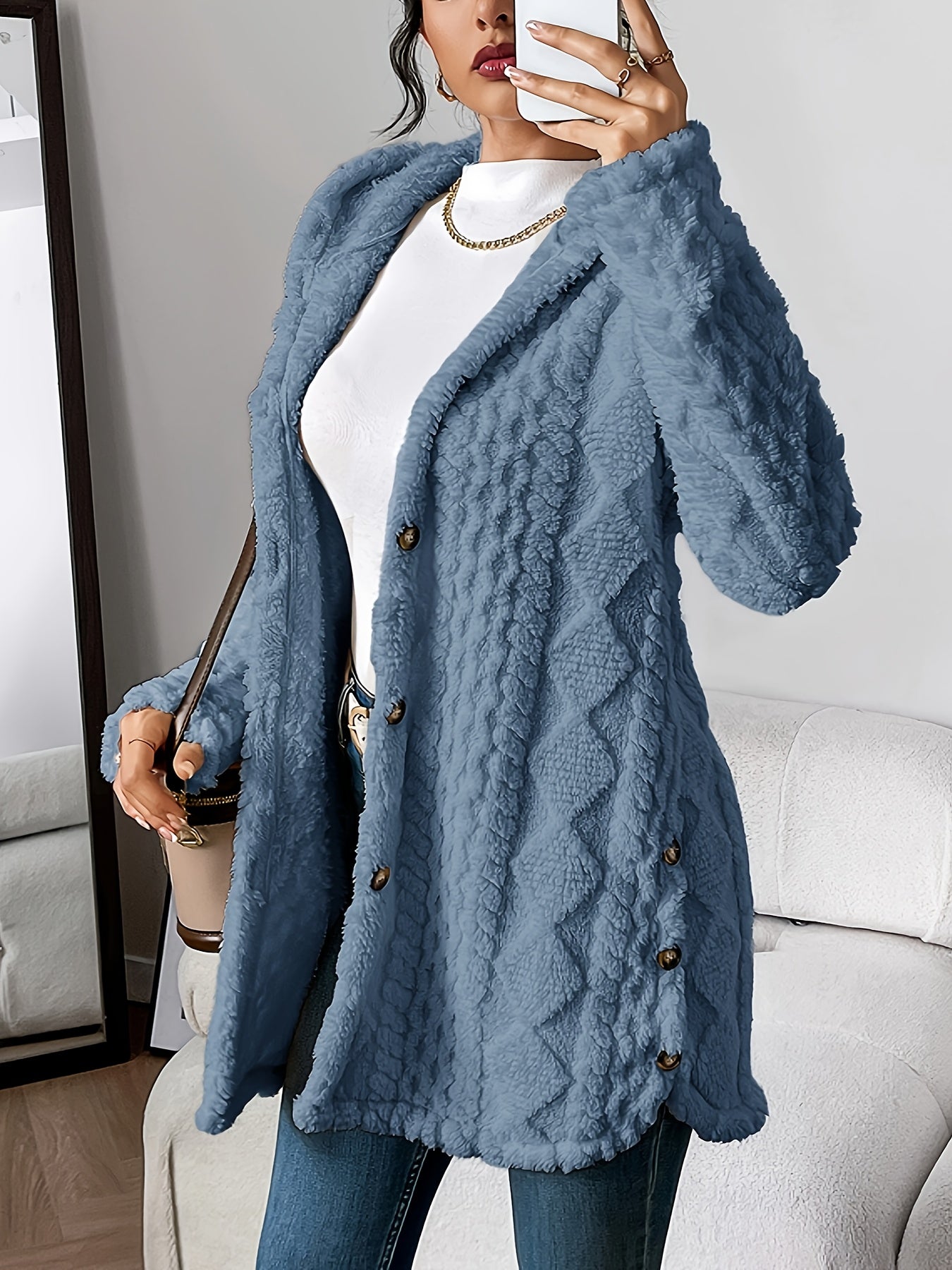 Lyra Textured Plush Hooded Button Cardigan