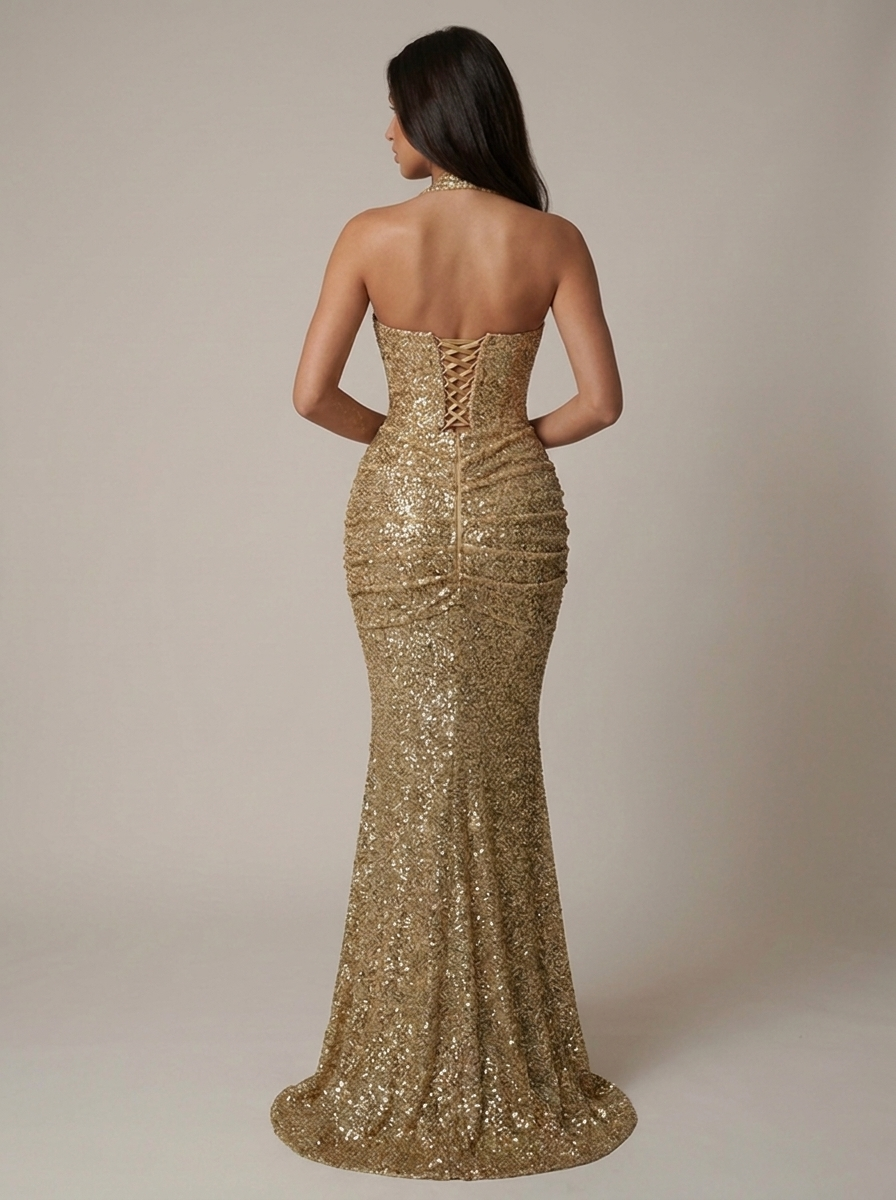 Madison Glitter Formal Sequin Ruched Maxi Dress
