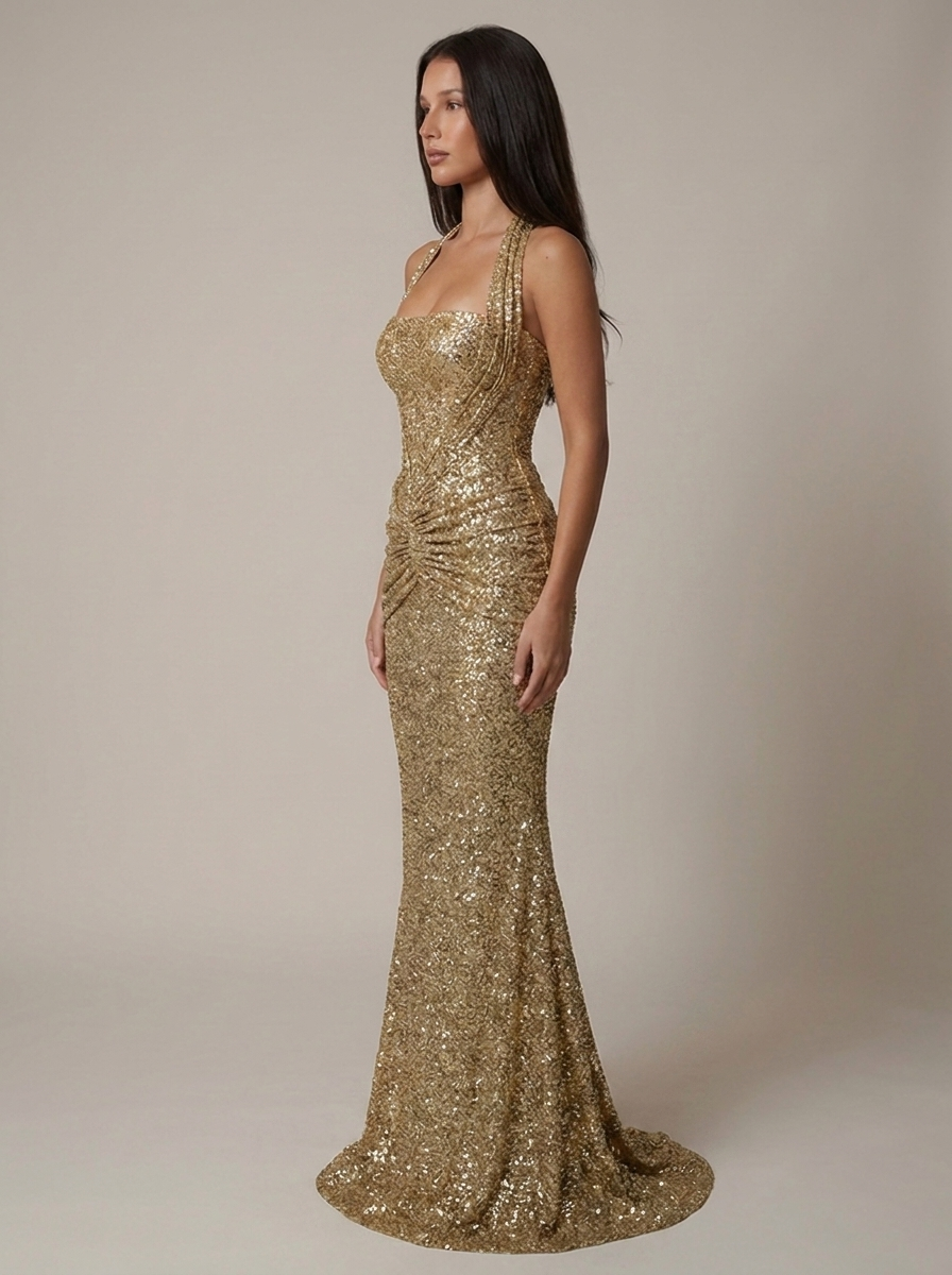 Madison Glitter Formal Sequin Ruched Maxi Dress