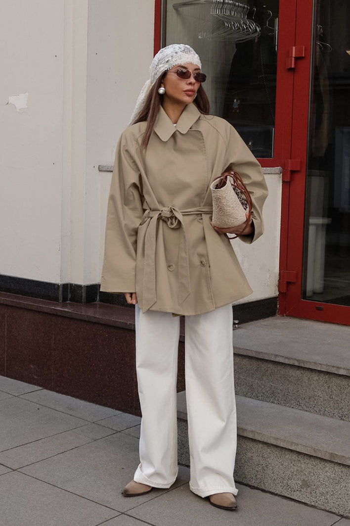 Maeve Belted Point-Collar Wrap Trench Jacket