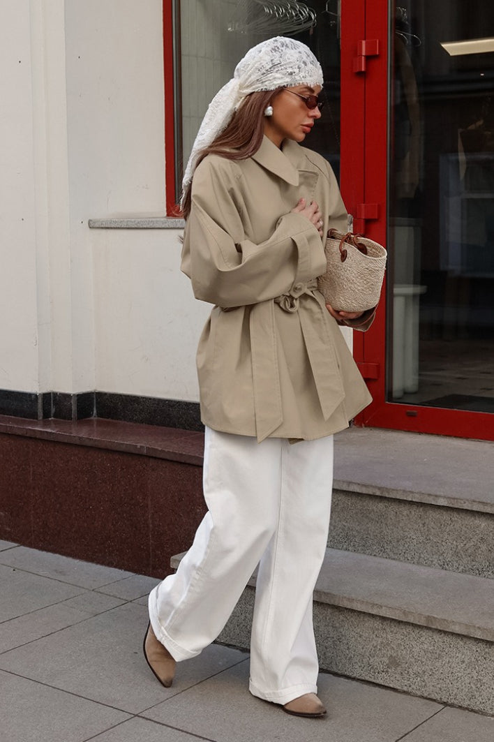 Maeve Belted Point-Collar Wrap Trench Jacket