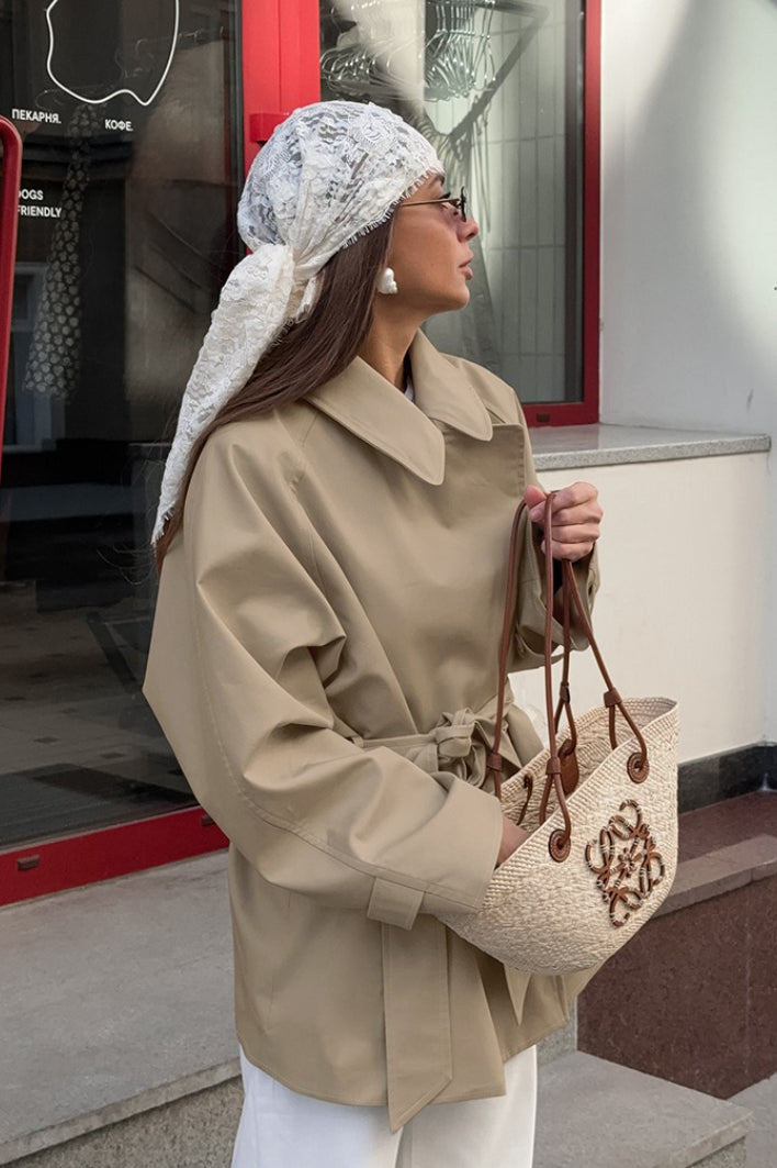 Maeve Belted Point-Collar Wrap Trench Jacket