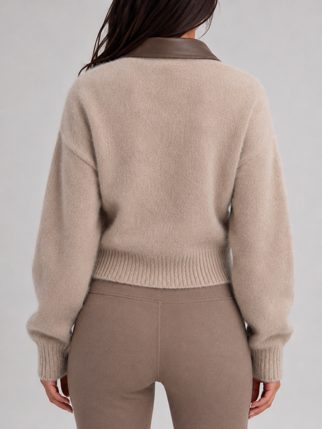 Maeve Leather-Collar Fuzzy Knit Zip Cardigan