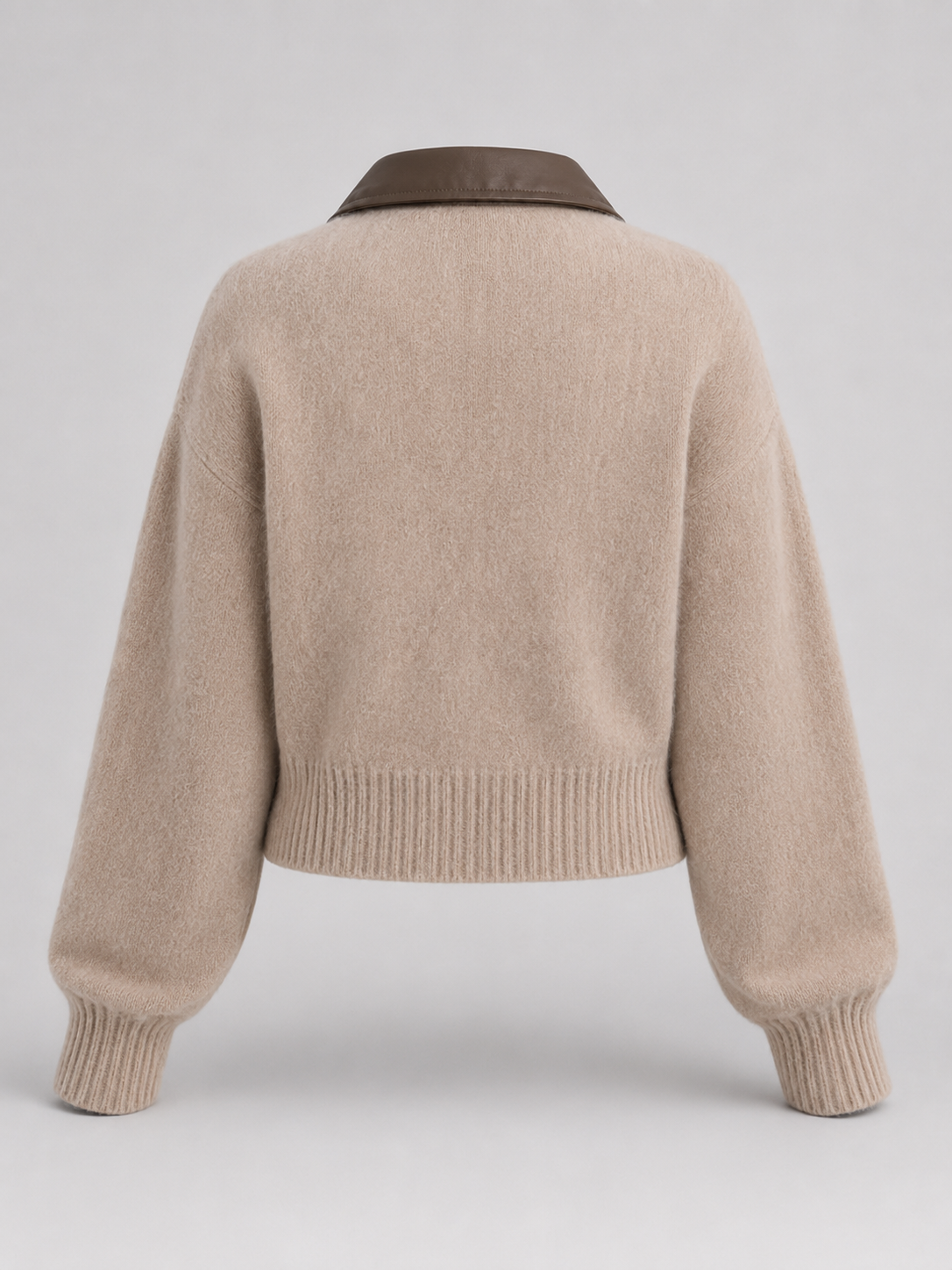Maeve Leather-Collar Fuzzy Knit Zip Cardigan