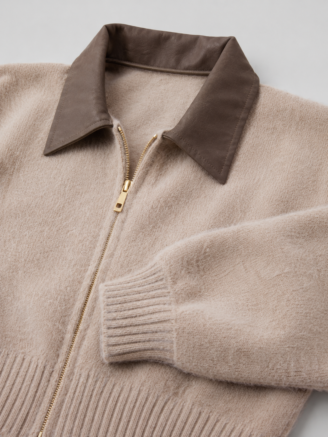 Maeve Leather-Collar Fuzzy Knit Zip Cardigan