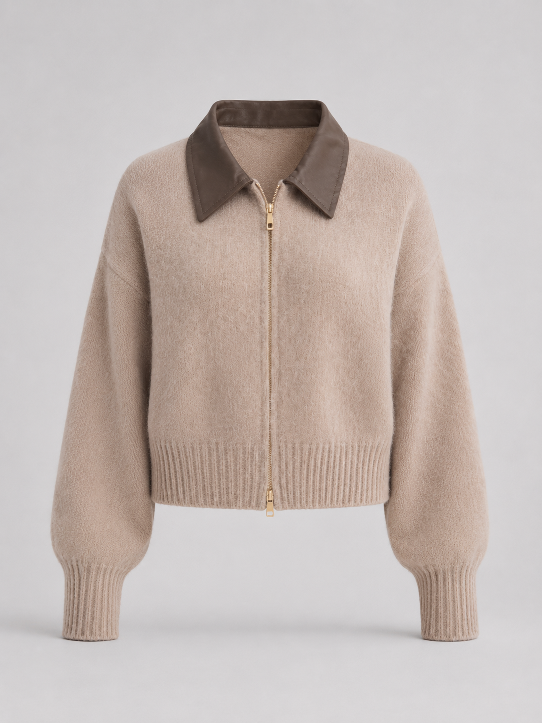 Maeve Leather-Collar Fuzzy Knit Zip Cardigan