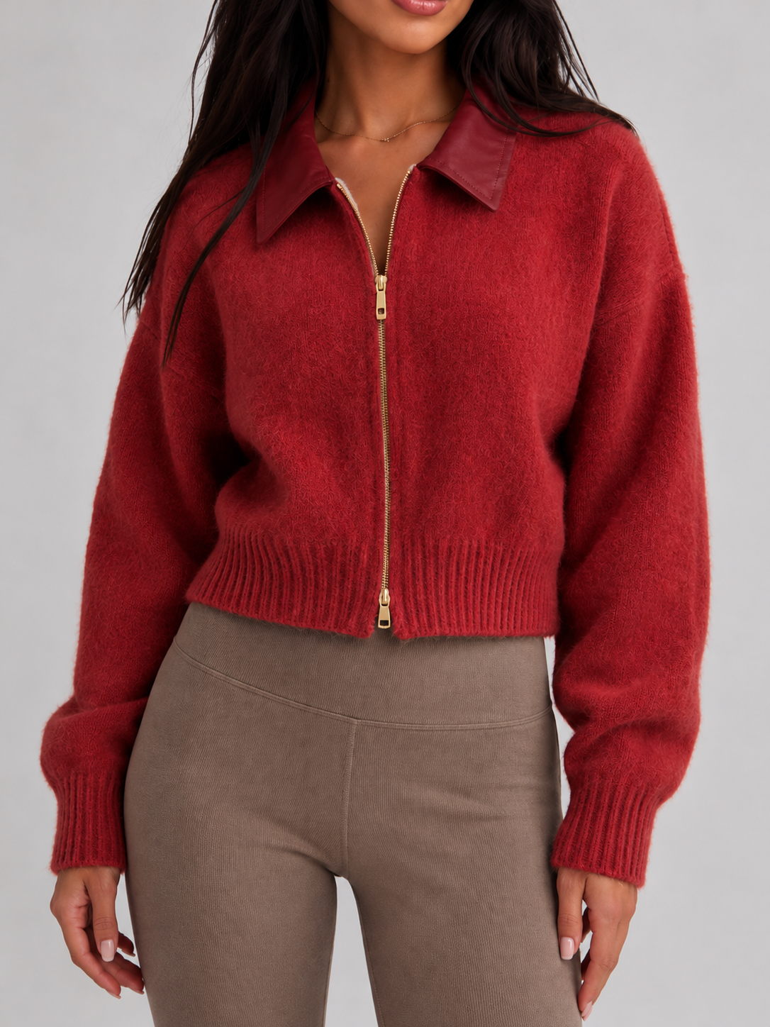 Maeve Leather-Collar Fuzzy Knit Zip Cardigan