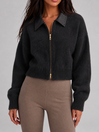 Maeve Leather-Collar Fuzzy Knit Zip Cardigan