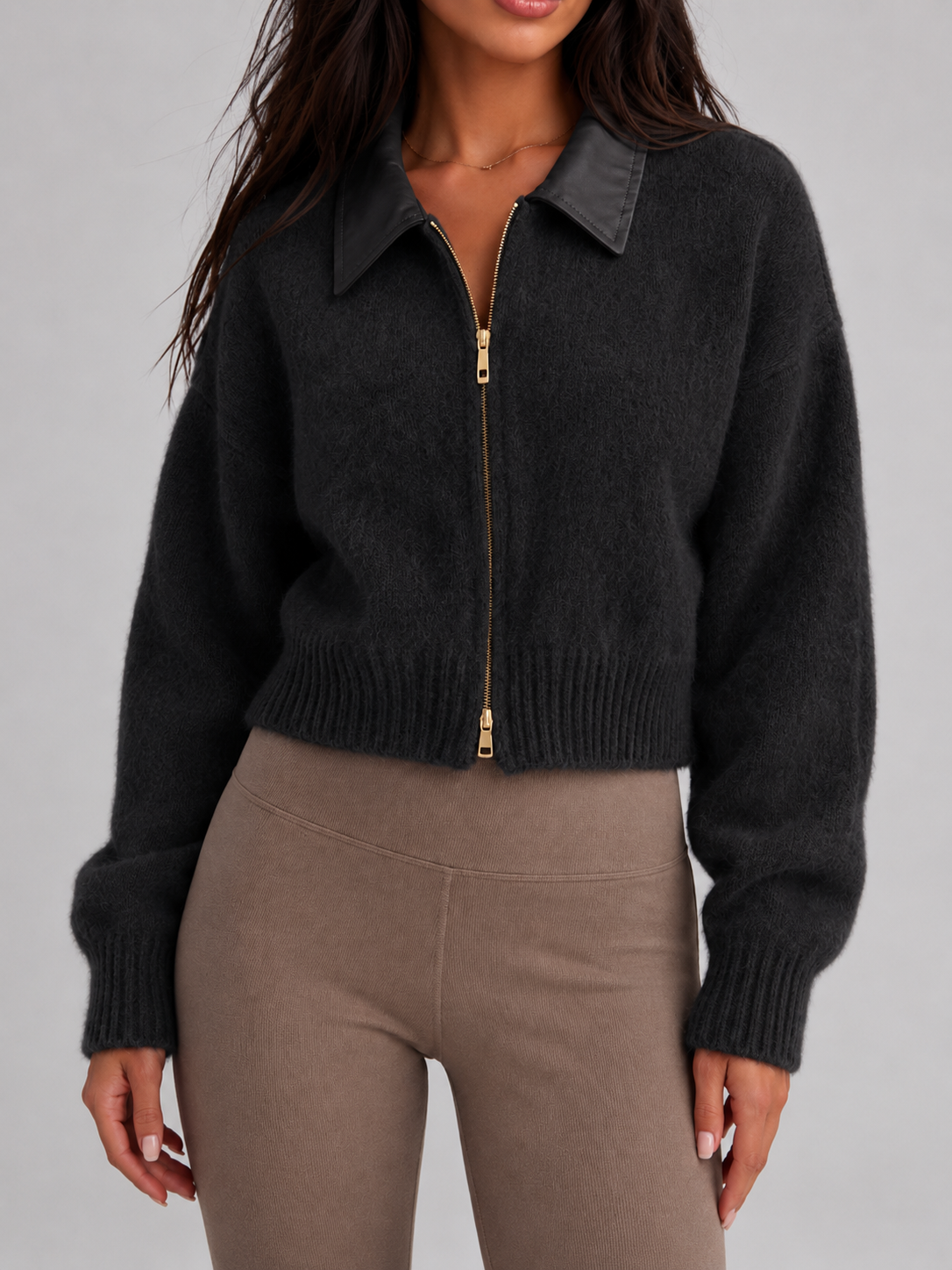 Maeve Leather-Collar Fuzzy Knit Zip Cardigan