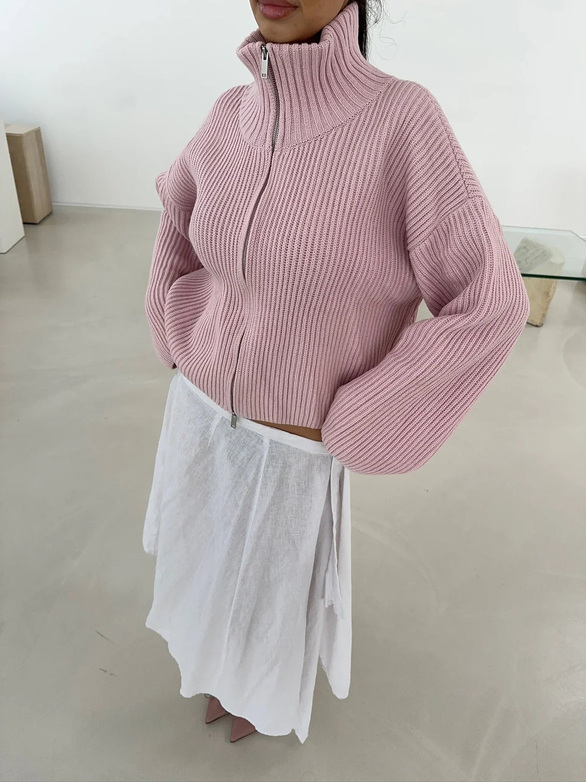 Maeve Ribbed Full-Zip High-Neck Knit Sweater