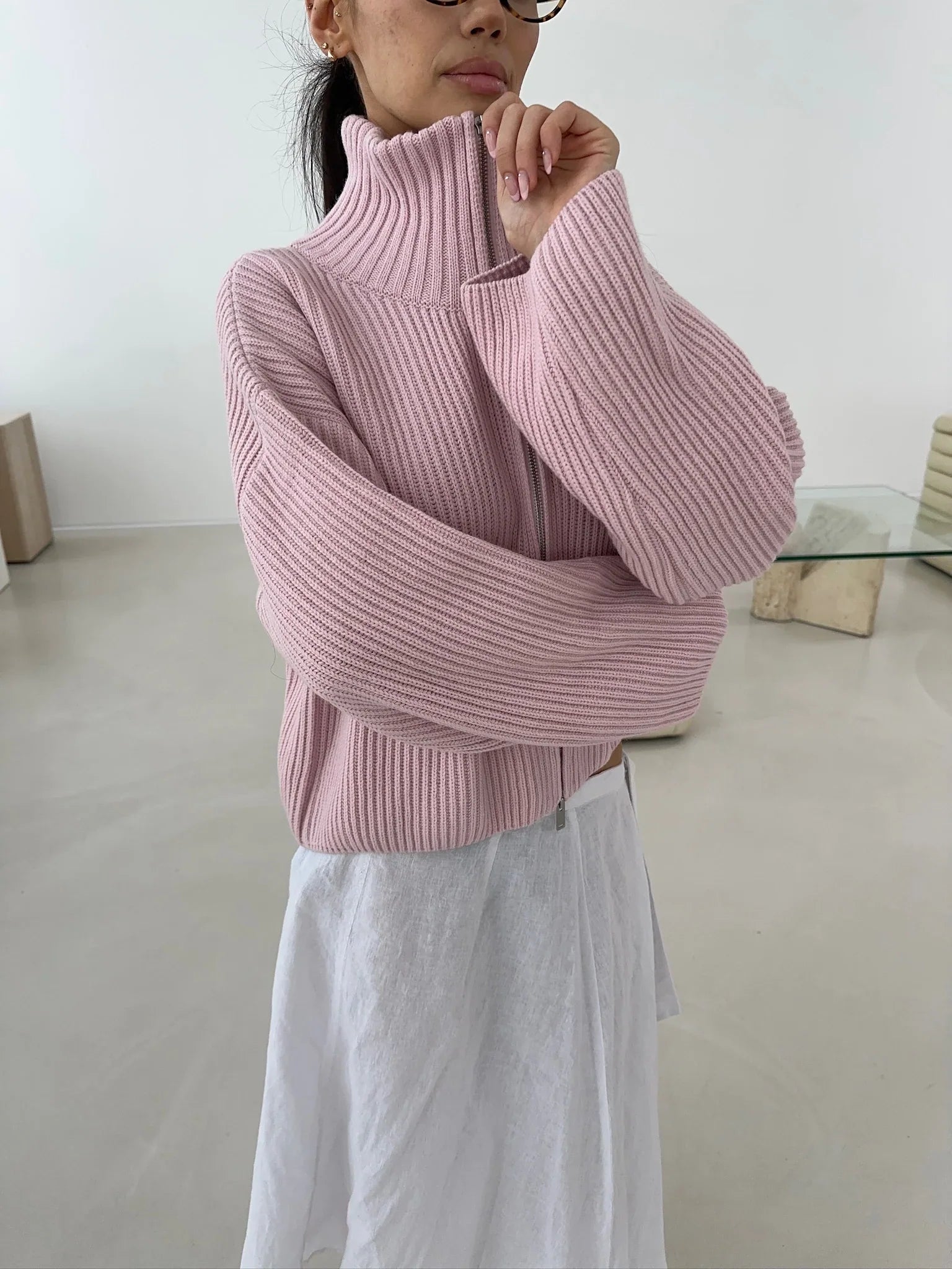 Maeve Ribbed Full-Zip High-Neck Knit Sweater