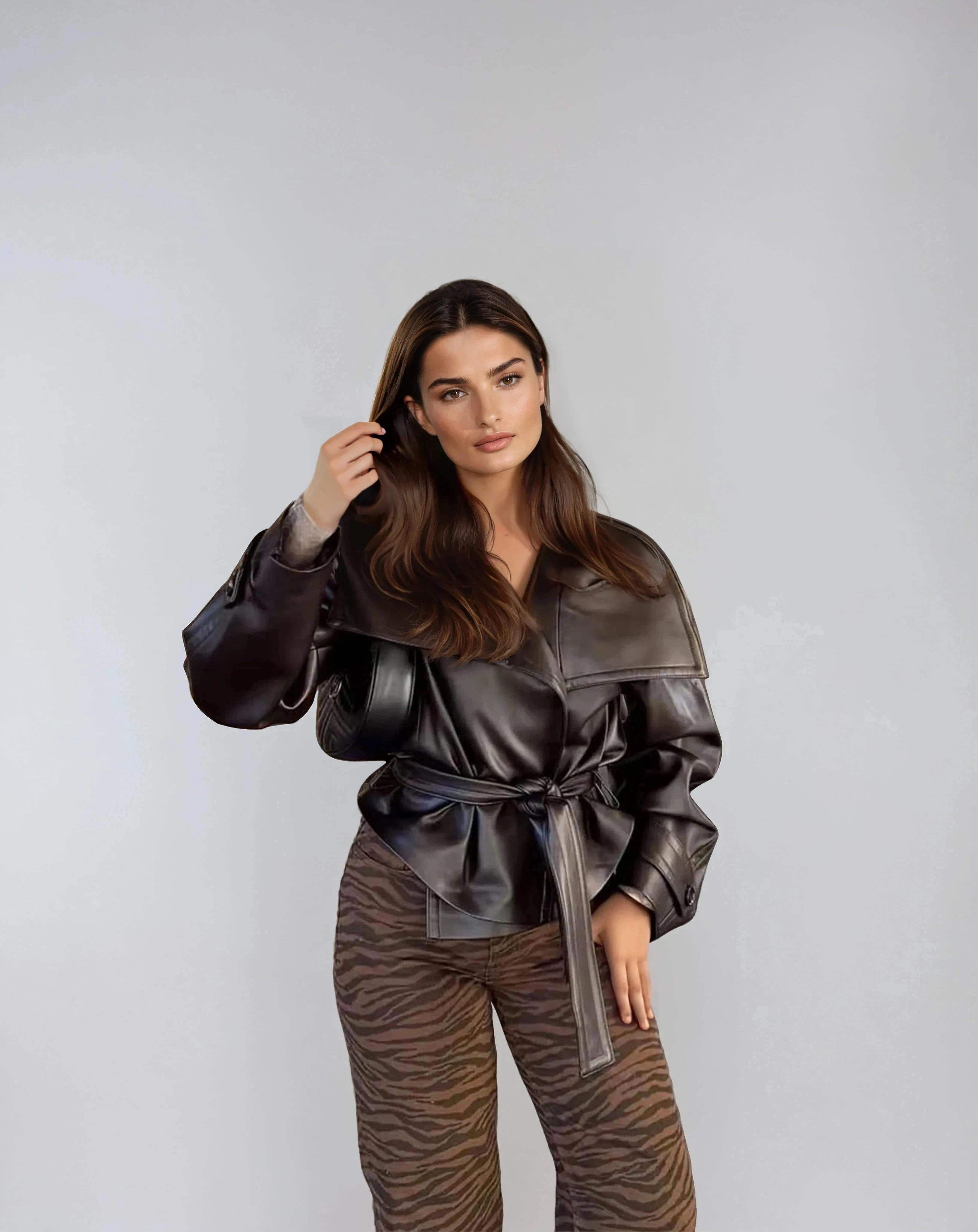 Marcella Oversized Faux Leather Belted Jacket
