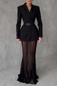 Marcella Structured Belted Blazer & Sheer Maxi Skirt Set