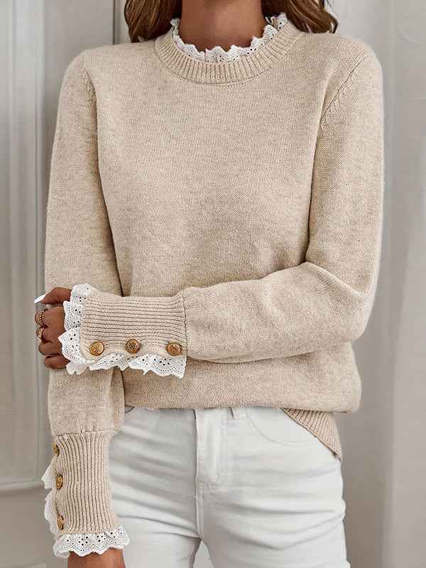 Mirabelle Lace-Trimmed Button-Cuff Knit Jumper