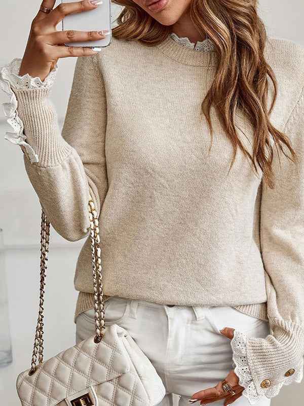 Mirabelle Lace-Trimmed Button-Cuff Knit Jumper