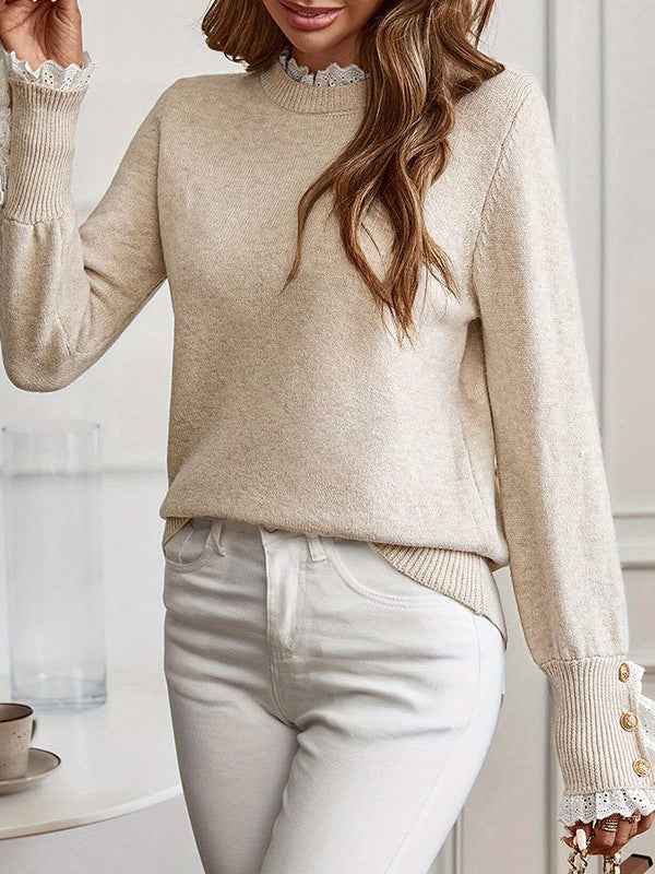 Mirabelle Lace-Trimmed Button-Cuff Knit Jumper