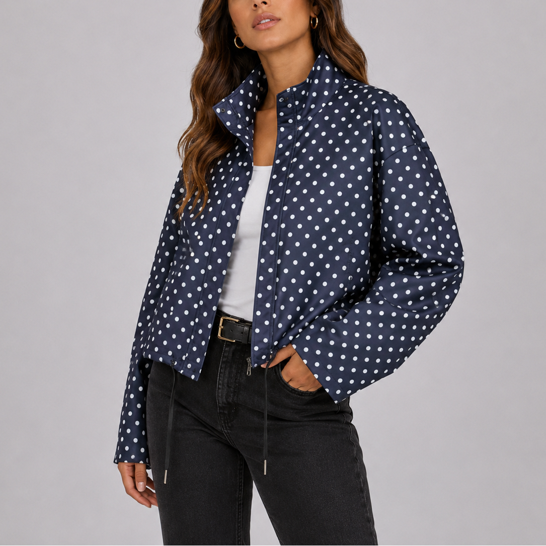 Mirelle Polka Dot Stand-Collar Bomber Jacket