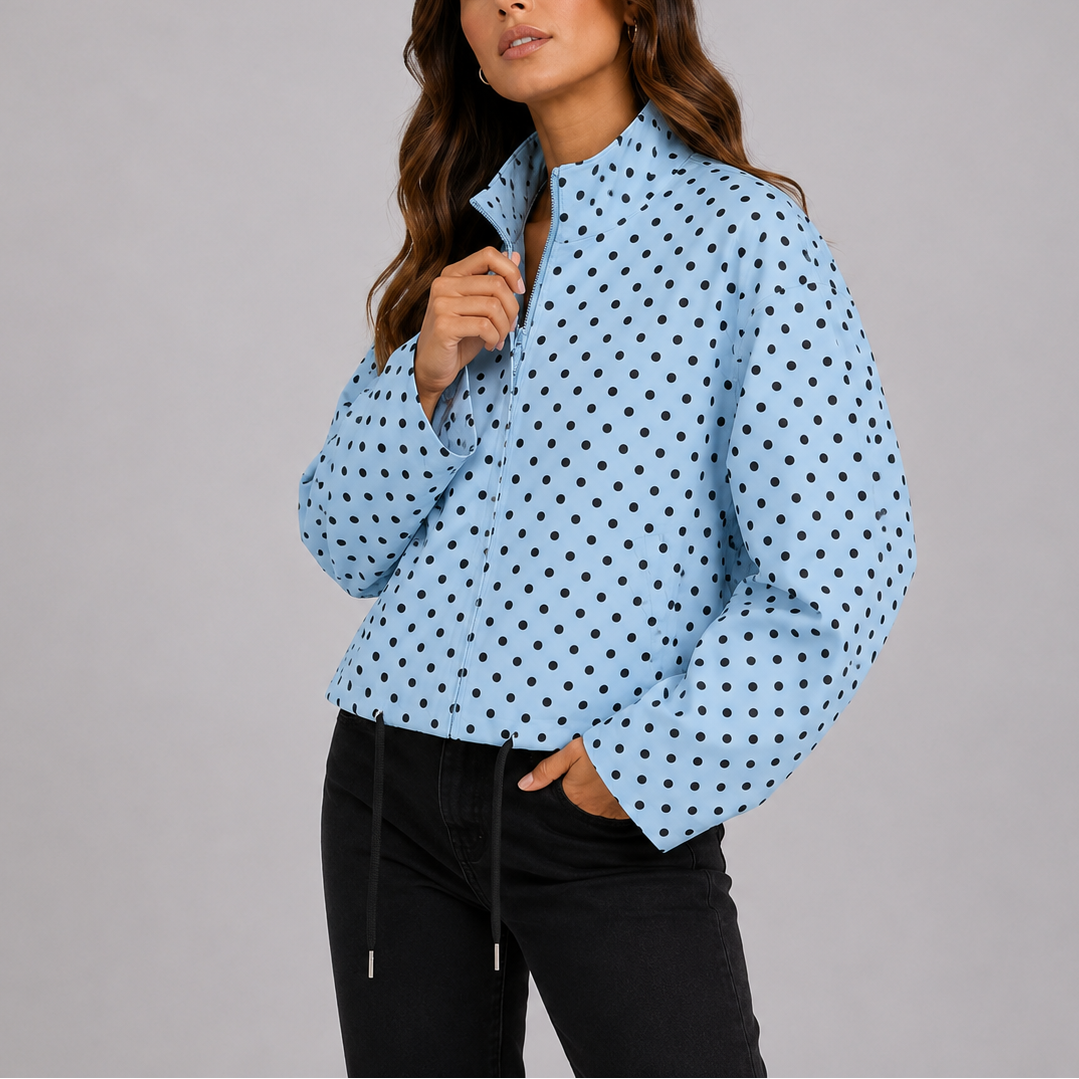 Mirelle Polka Dot Stand-Collar Bomber Jacket