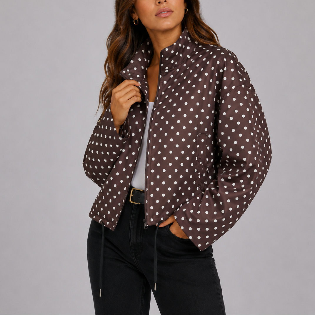 Mirelle Polka Dot Stand-Collar Bomber Jacket