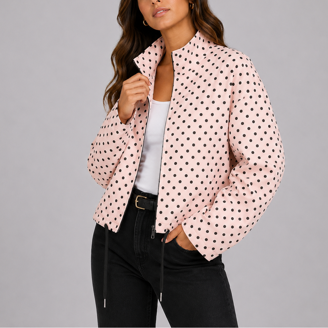Mirelle Polka Dot Stand-Collar Bomber Jacket