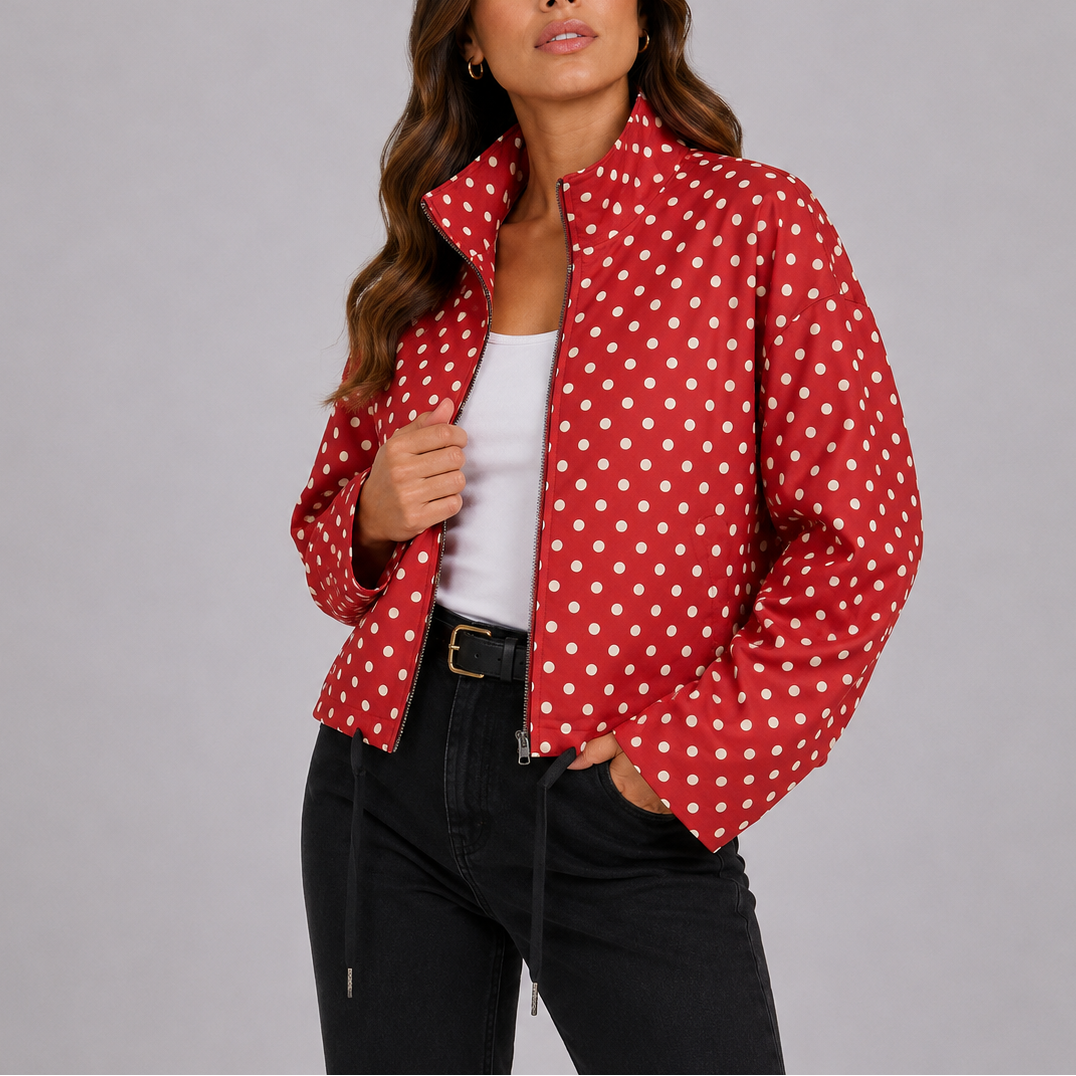 Mirelle Polka Dot Stand-Collar Bomber Jacket