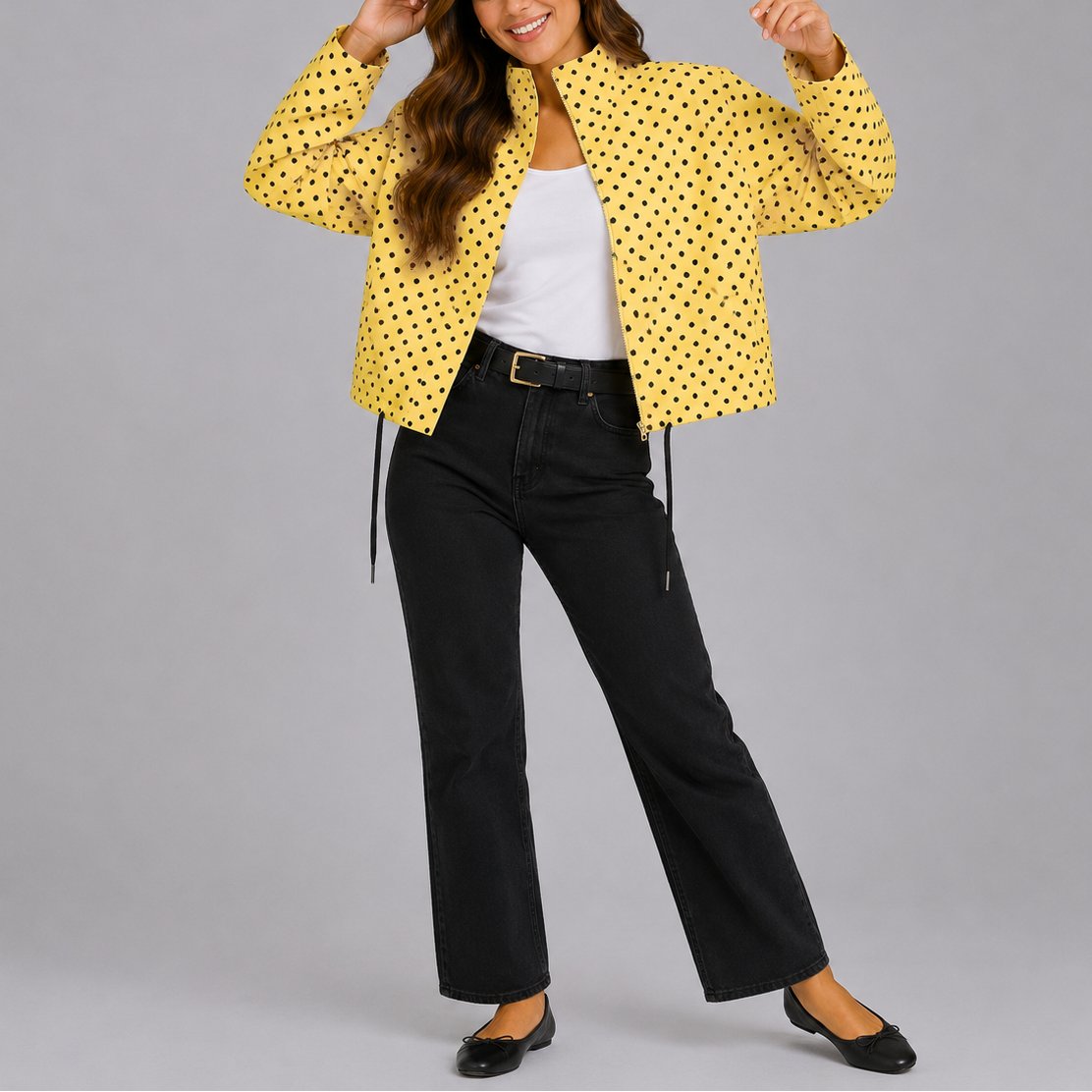 Mirelle Polka Dot Stand-Collar Bomber Jacket